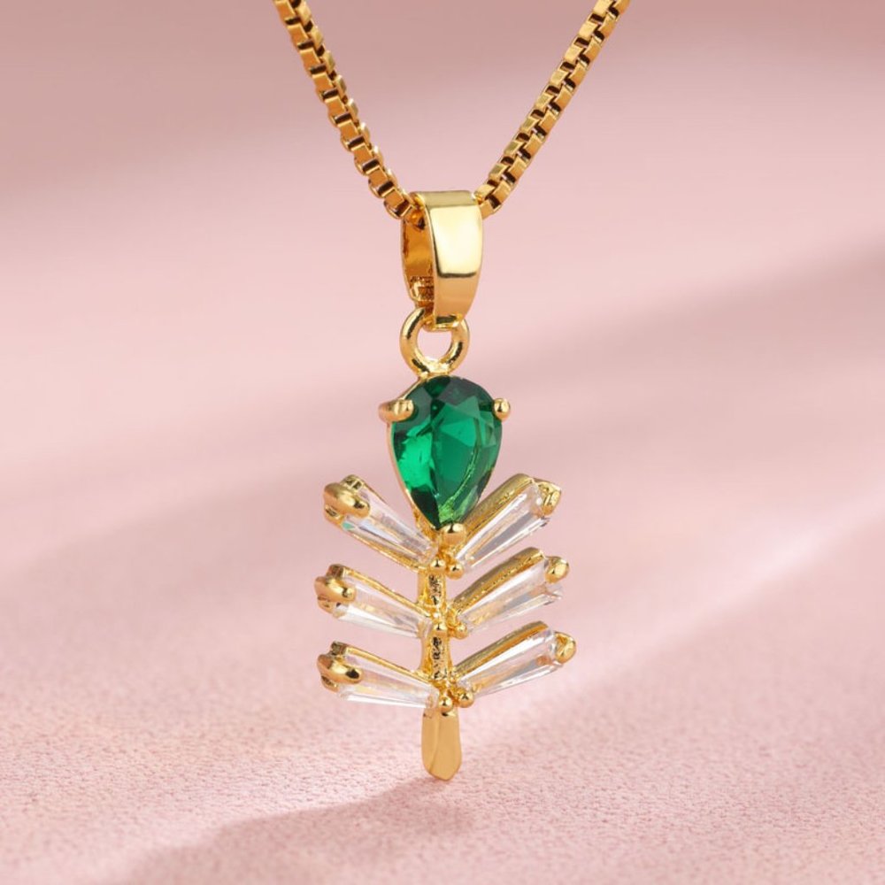 3/$35 Teardrop Leaf 18K Gold Plated Cubic Zirconia Pendant Charm Necklace Steel